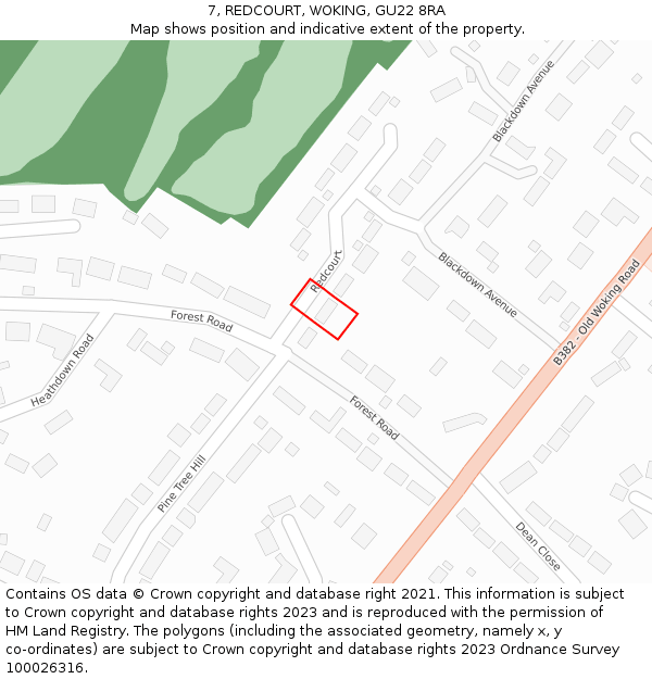 7, REDCOURT, WOKING, GU22 8RA: Location map and indicative extent of plot