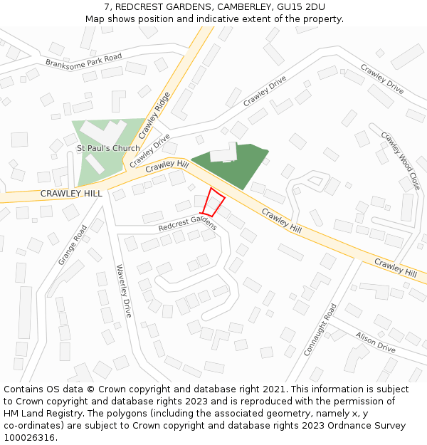 7, REDCREST GARDENS, CAMBERLEY, GU15 2DU: Location map and indicative extent of plot