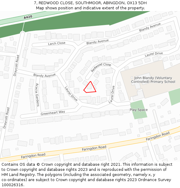 7, REDWOOD CLOSE, SOUTHMOOR, ABINGDON, OX13 5DH: Location map and indicative extent of plot