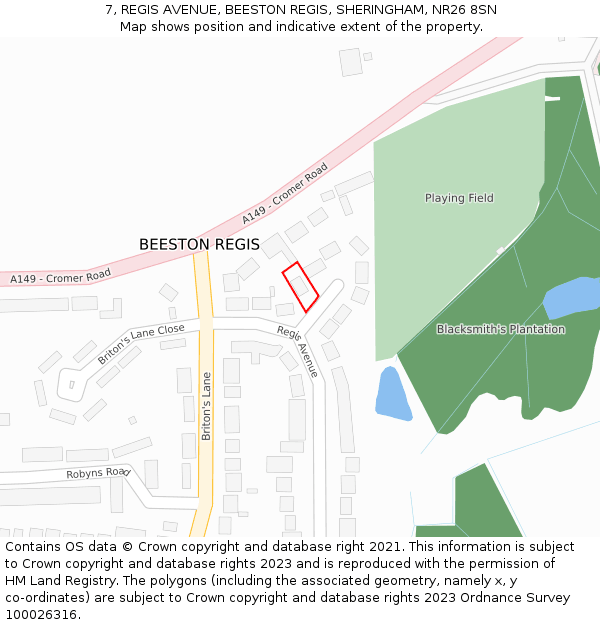 7, REGIS AVENUE, BEESTON REGIS, SHERINGHAM, NR26 8SN: Location map and indicative extent of plot