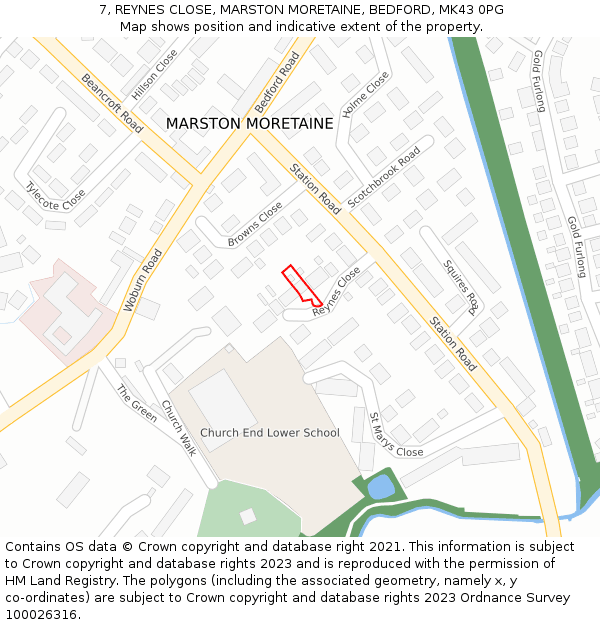 7, REYNES CLOSE, MARSTON MORETAINE, BEDFORD, MK43 0PG: Location map and indicative extent of plot