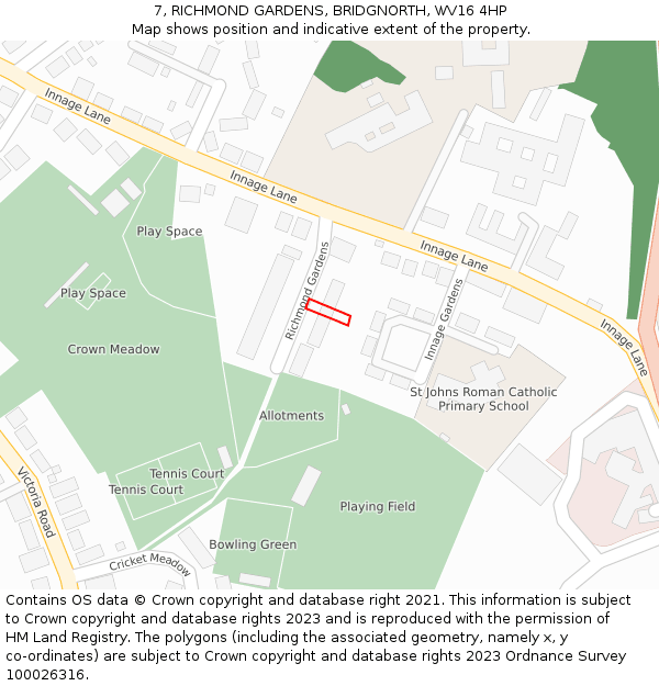 7, RICHMOND GARDENS, BRIDGNORTH, WV16 4HP: Location map and indicative extent of plot