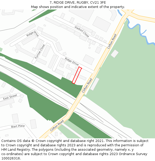 7, RIDGE DRIVE, RUGBY, CV21 3FE: Location map and indicative extent of plot