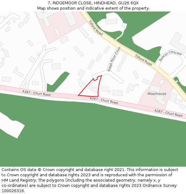 7, RIDGEMOOR CLOSE, HINDHEAD, GU26 6QX: Location map and indicative extent of plot