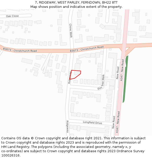 7, RIDGEWAY, WEST PARLEY, FERNDOWN, BH22 8TT: Location map and indicative extent of plot