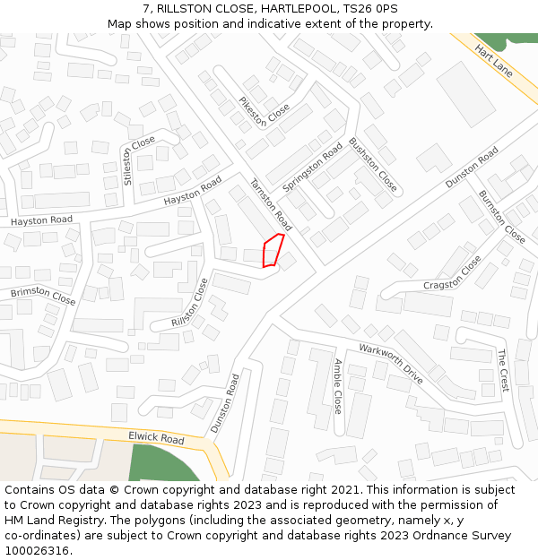 7, RILLSTON CLOSE, HARTLEPOOL, TS26 0PS: Location map and indicative extent of plot