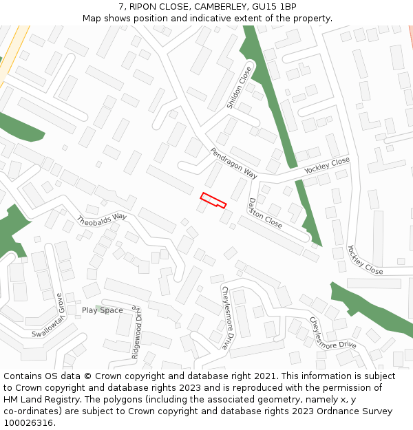7, RIPON CLOSE, CAMBERLEY, GU15 1BP: Location map and indicative extent of plot