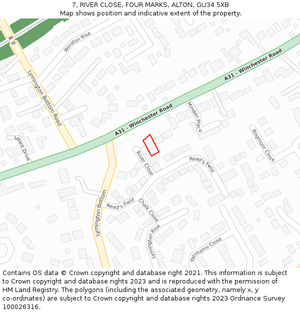 7, RIVER CLOSE, FOUR MARKS, ALTON, GU34 5XB: Location map and indicative extent of plot