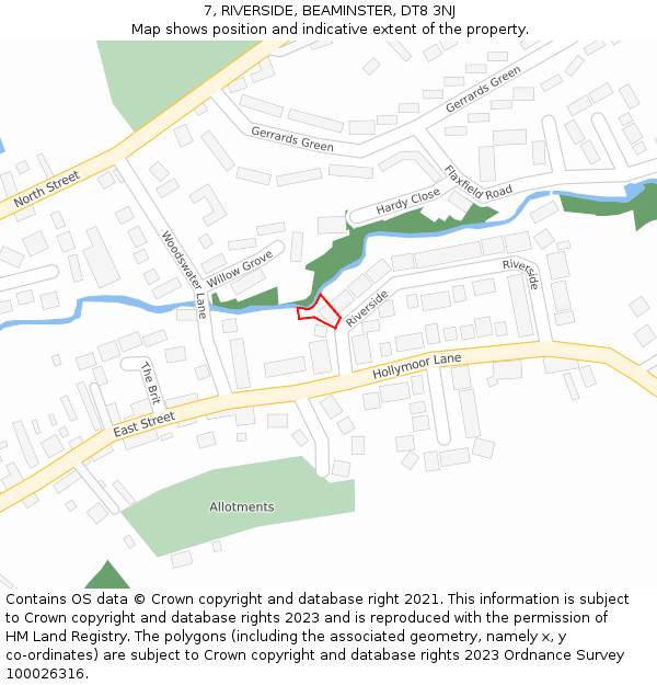 7, RIVERSIDE, BEAMINSTER, DT8 3NJ: Location map and indicative extent of plot