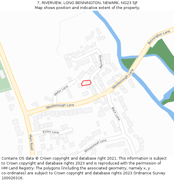 7, RIVERVIEW, LONG BENNINGTON, NEWARK, NG23 5JF: Location map and indicative extent of plot