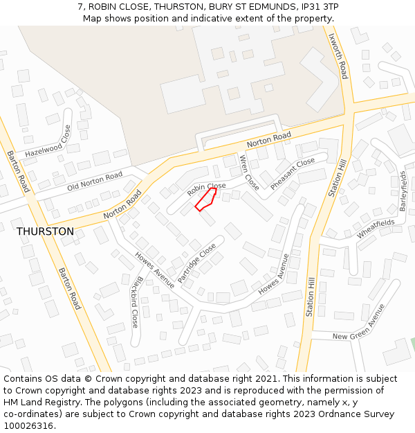 7, ROBIN CLOSE, THURSTON, BURY ST EDMUNDS, IP31 3TP: Location map and indicative extent of plot