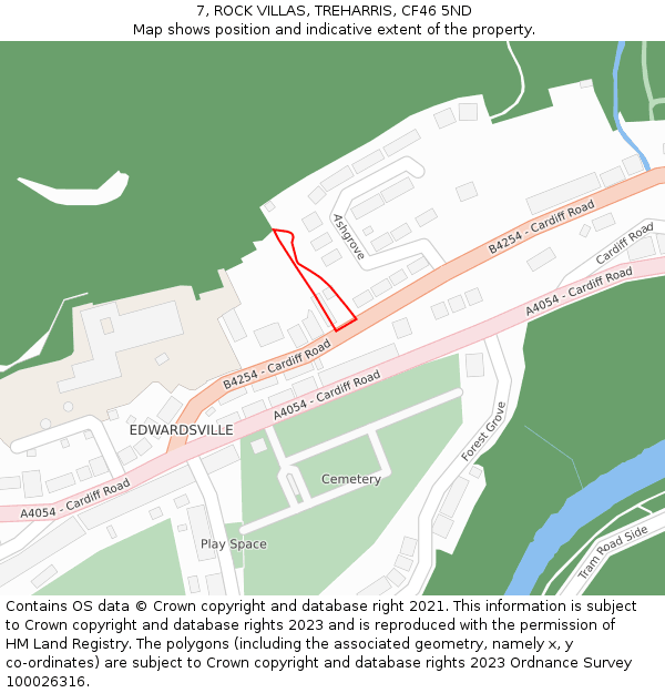 7, ROCK VILLAS, TREHARRIS, CF46 5ND: Location map and indicative extent of plot
