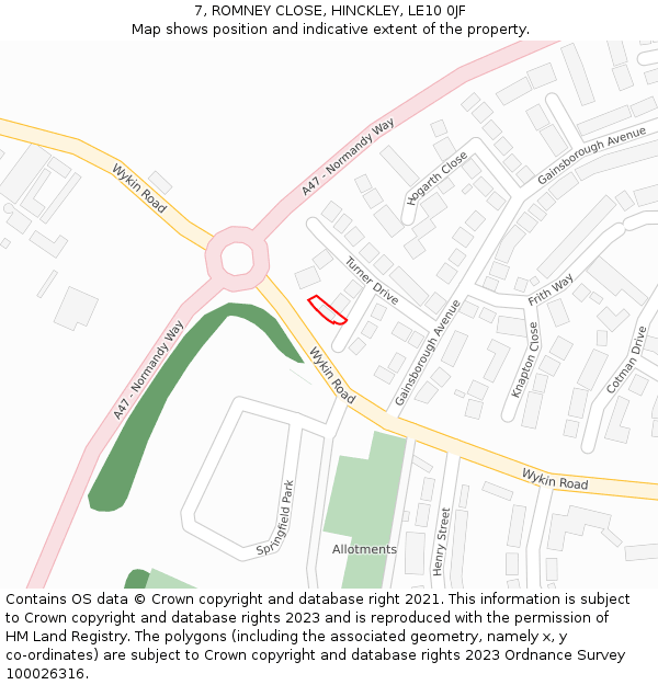 7, ROMNEY CLOSE, HINCKLEY, LE10 0JF: Location map and indicative extent of plot