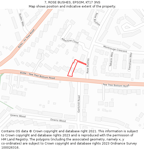 7, ROSE BUSHES, EPSOM, KT17 3NS: Location map and indicative extent of plot