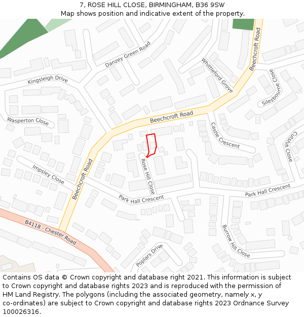 7, ROSE HILL CLOSE, BIRMINGHAM, B36 9SW: Location map and indicative extent of plot