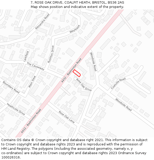 7, ROSE OAK DRIVE, COALPIT HEATH, BRISTOL, BS36 2AS: Location map and indicative extent of plot