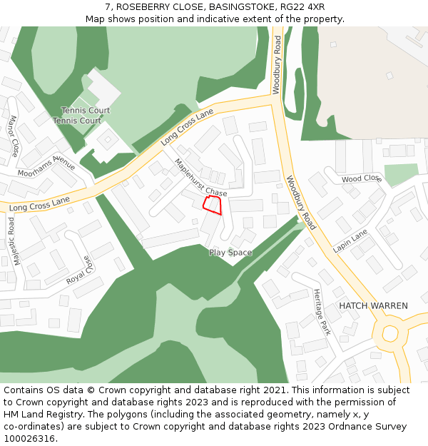 7, ROSEBERRY CLOSE, BASINGSTOKE, RG22 4XR: Location map and indicative extent of plot