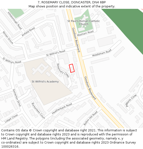 7, ROSEMARY CLOSE, DONCASTER, DN4 6BP: Location map and indicative extent of plot