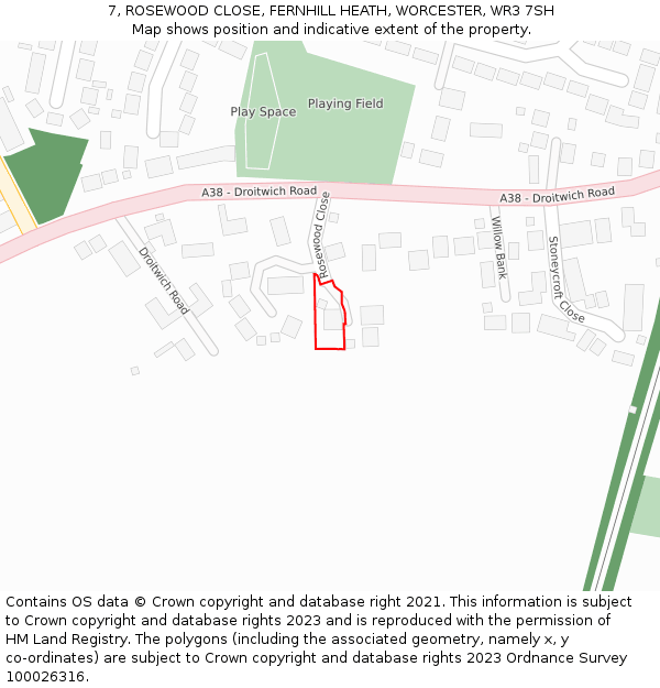 7, ROSEWOOD CLOSE, FERNHILL HEATH, WORCESTER, WR3 7SH: Location map and indicative extent of plot
