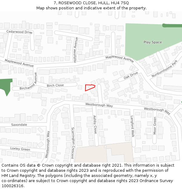 7, ROSEWOOD CLOSE, HULL, HU4 7SQ: Location map and indicative extent of plot