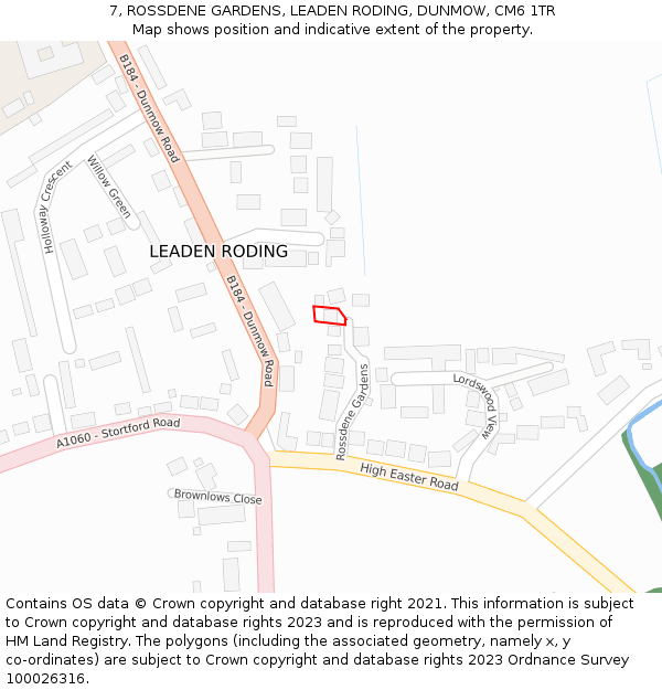 7, ROSSDENE GARDENS, LEADEN RODING, DUNMOW, CM6 1TR: Location map and indicative extent of plot