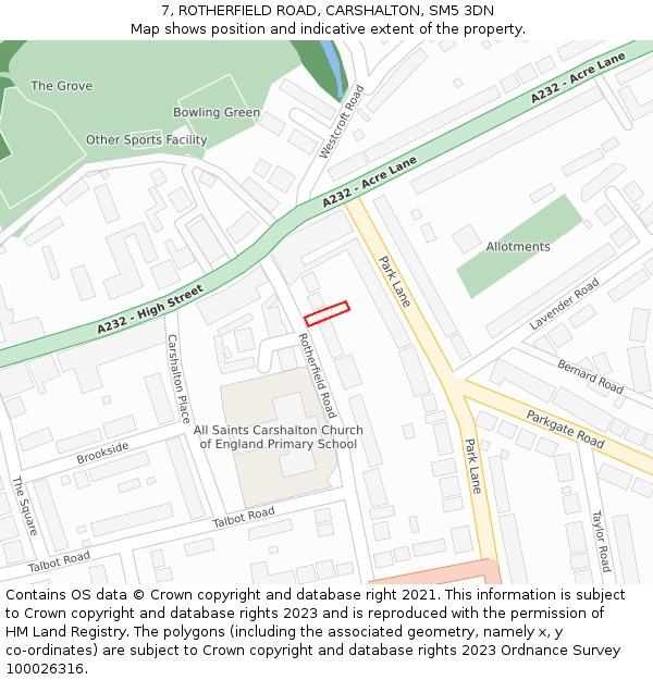 7, ROTHERFIELD ROAD, CARSHALTON, SM5 3DN: Location map and indicative extent of plot