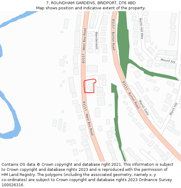 7, ROUNDHAM GARDENS, BRIDPORT, DT6 4BD: Location map and indicative extent of plot