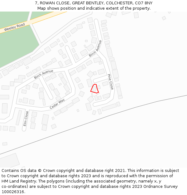 7, ROWAN CLOSE, GREAT BENTLEY, COLCHESTER, CO7 8NY: Location map and indicative extent of plot