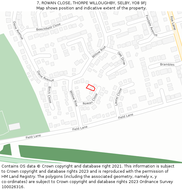 7, ROWAN CLOSE, THORPE WILLOUGHBY, SELBY, YO8 9FJ: Location map and indicative extent of plot