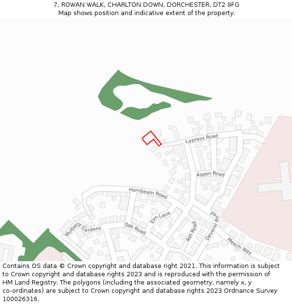 7, ROWAN WALK, CHARLTON DOWN, DORCHESTER, DT2 9FG: Location map and indicative extent of plot