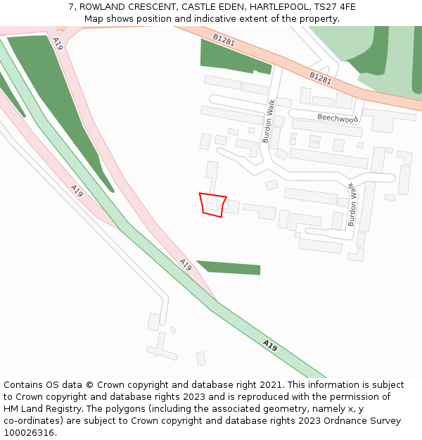 7, ROWLAND CRESCENT, CASTLE EDEN, HARTLEPOOL, TS27 4FE: Location map and indicative extent of plot