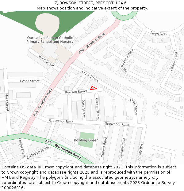 7, ROWSON STREET, PRESCOT, L34 6JL: Location map and indicative extent of plot