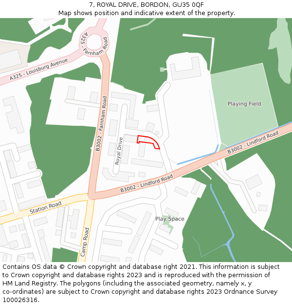 7, ROYAL DRIVE, BORDON, GU35 0QF: Location map and indicative extent of plot