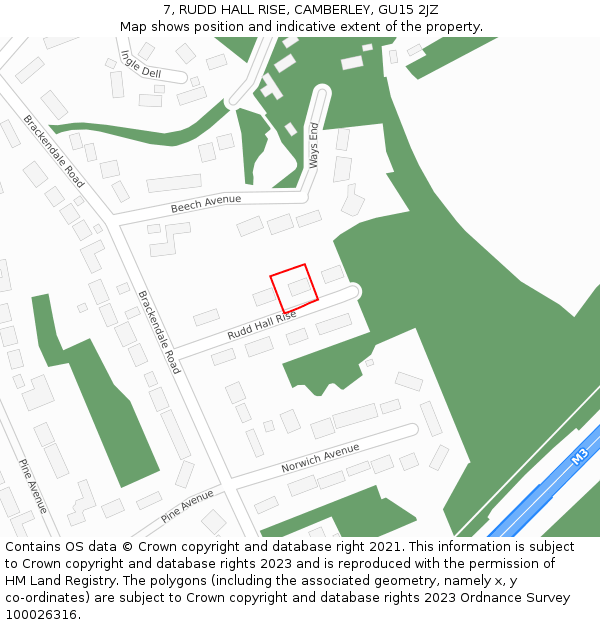 7, RUDD HALL RISE, CAMBERLEY, GU15 2JZ: Location map and indicative extent of plot