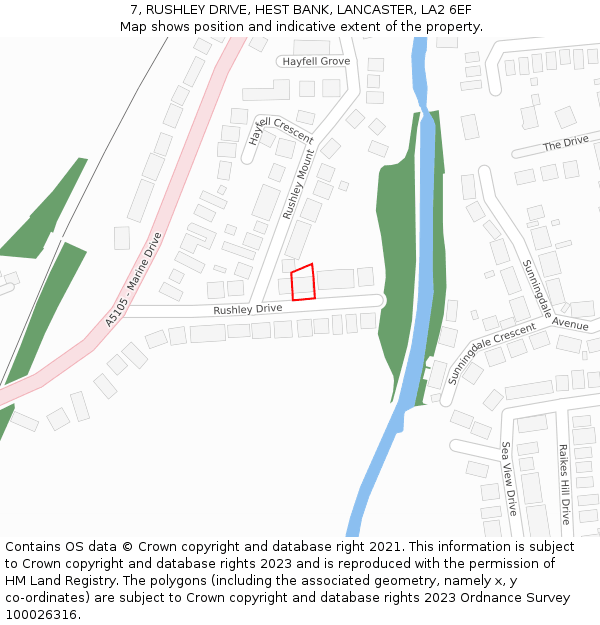 7, RUSHLEY DRIVE, HEST BANK, LANCASTER, LA2 6EF: Location map and indicative extent of plot