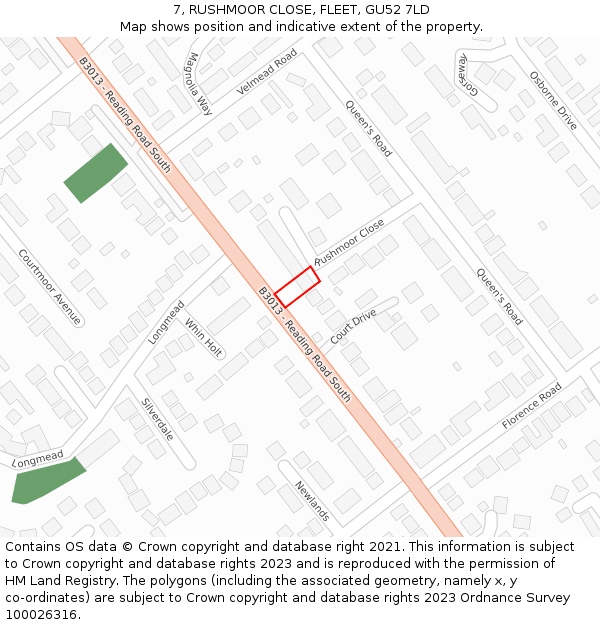 7, RUSHMOOR CLOSE, FLEET, GU52 7LD: Location map and indicative extent of plot