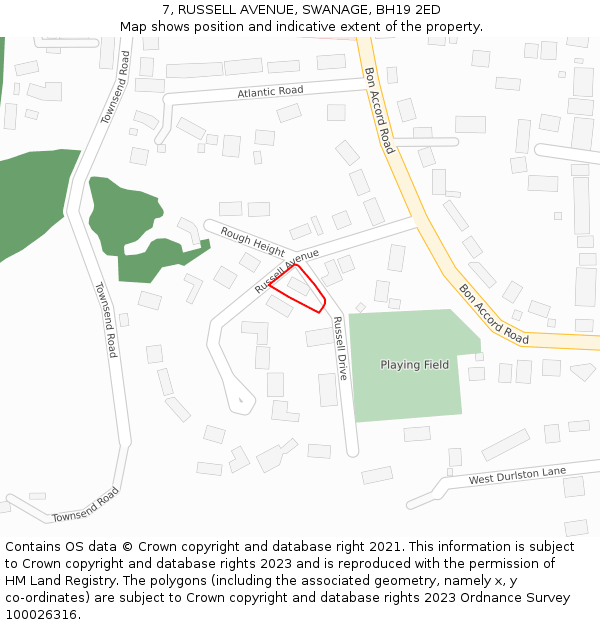 7, RUSSELL AVENUE, SWANAGE, BH19 2ED: Location map and indicative extent of plot