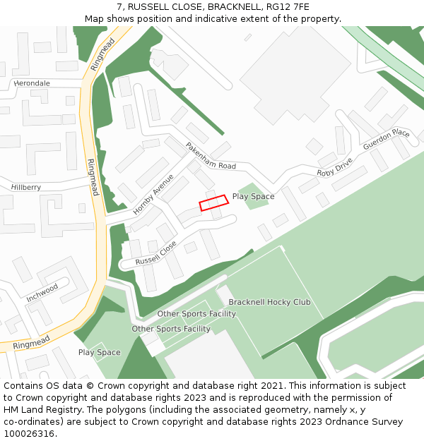 7, RUSSELL CLOSE, BRACKNELL, RG12 7FE: Location map and indicative extent of plot