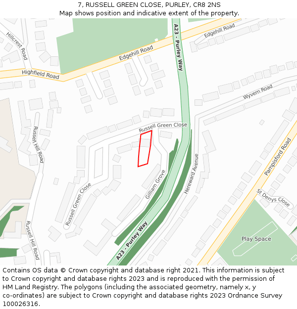 7, RUSSELL GREEN CLOSE, PURLEY, CR8 2NS: Location map and indicative extent of plot