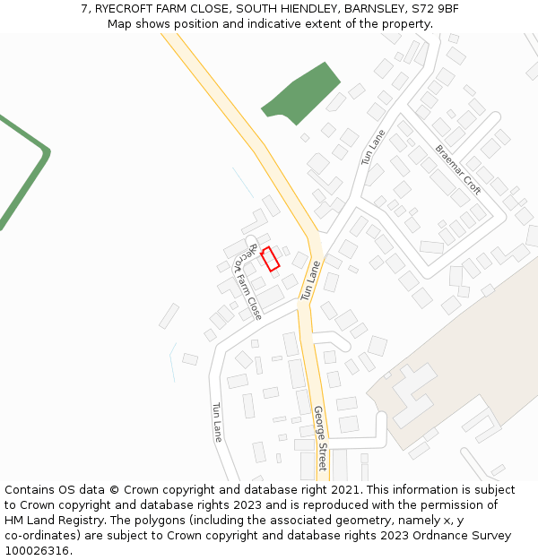 7, RYECROFT FARM CLOSE, SOUTH HIENDLEY, BARNSLEY, S72 9BF: Location map and indicative extent of plot