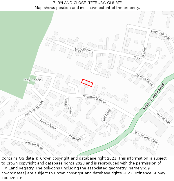 7, RYLAND CLOSE, TETBURY, GL8 8TF: Location map and indicative extent of plot