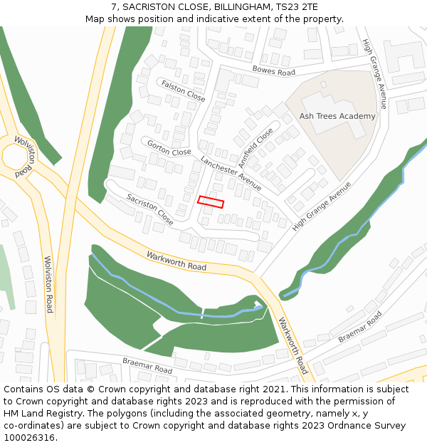 7, SACRISTON CLOSE, BILLINGHAM, TS23 2TE: Location map and indicative extent of plot