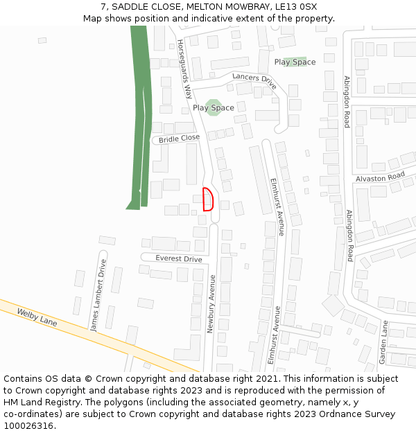 7, SADDLE CLOSE, MELTON MOWBRAY, LE13 0SX: Location map and indicative extent of plot