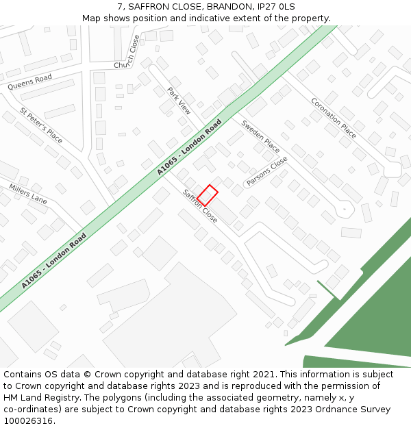 7, SAFFRON CLOSE, BRANDON, IP27 0LS: Location map and indicative extent of plot
