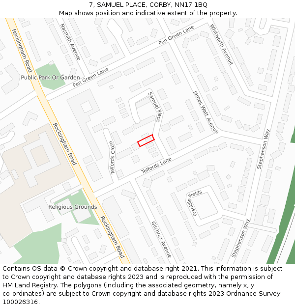 7, SAMUEL PLACE, CORBY, NN17 1BQ: Location map and indicative extent of plot