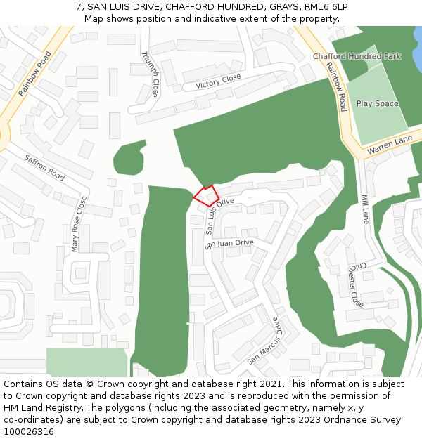 7, SAN LUIS DRIVE, CHAFFORD HUNDRED, GRAYS, RM16 6LP: Location map and indicative extent of plot