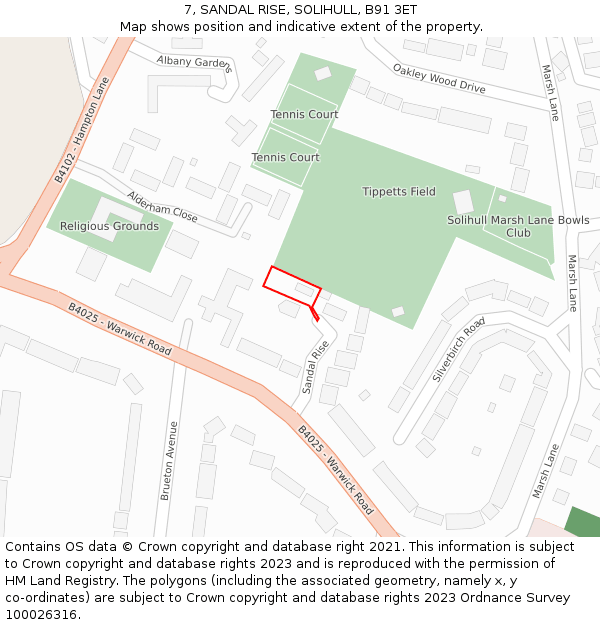 7, SANDAL RISE, SOLIHULL, B91 3ET: Location map and indicative extent of plot