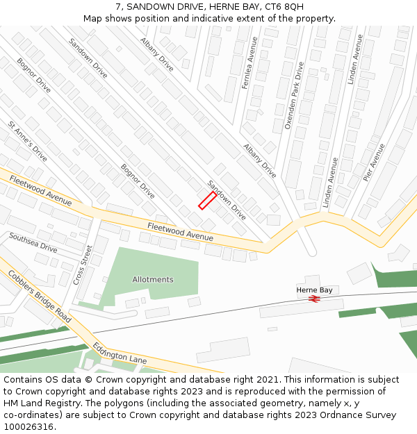 7, SANDOWN DRIVE, HERNE BAY, CT6 8QH: Location map and indicative extent of plot