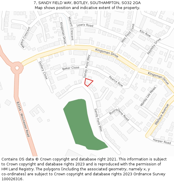 7, SANDY FIELD WAY, BOTLEY, SOUTHAMPTON, SO32 2GA: Location map and indicative extent of plot