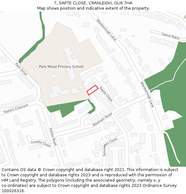 7, SAPTE CLOSE, CRANLEIGH, GU6 7HA: Location map and indicative extent of plot